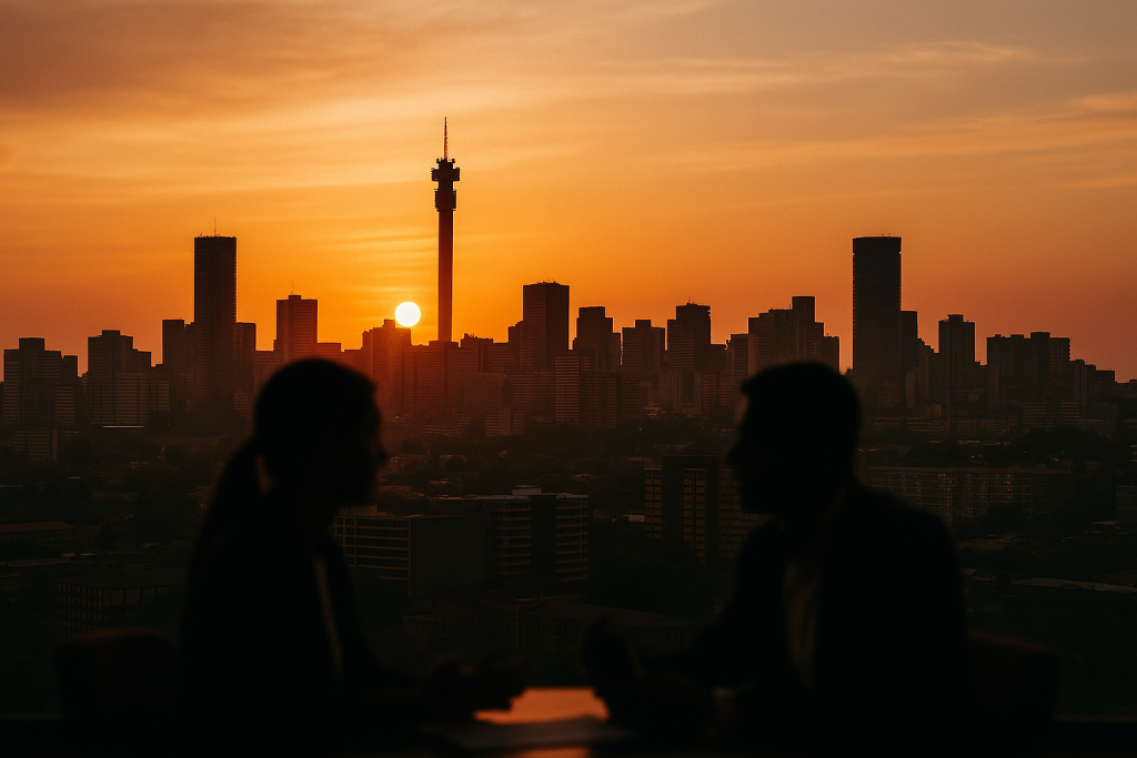 Expert Attorneys in Johannesburg | Hugh Raichlin Attorneys Johannesburg skyline at sunset with silhouettes of people in consultation, used as hero banner background for Hugh Raichlin Attorneys.